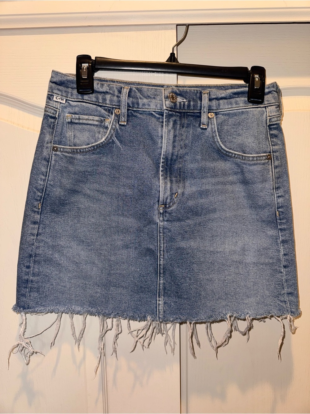 Classic Blue Denim Mini Skirt with Frayed Hem